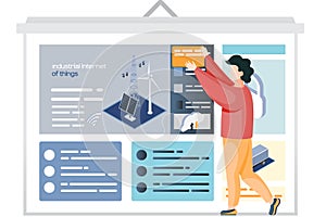 Man examines information at presentation with smart alternative energy solar panels, wind turbines