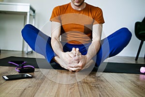 Man Excercising Yoga At Home, Mature Man Doing Yoga At Home