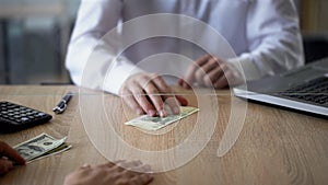 Man exchanging dollars for russian rubles, currency transaction, changer service