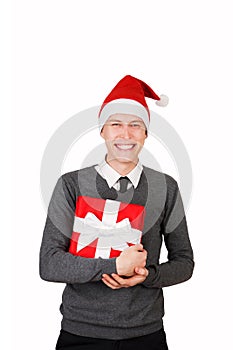 Man excited happy smile hold christmas gift box in
