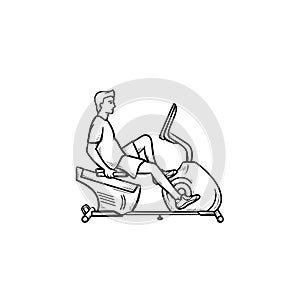 Man on exercise bike hand drawn outline doodle icon.