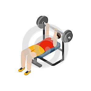 Man exercising on bench press icon, isometric 3d