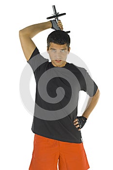 Man during exercising with dumbbell