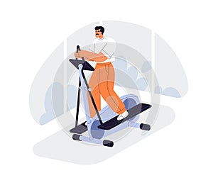 Man exercising on elliptical machine. Healthy active person training endurance, running on cross-trainer. Cardio workout