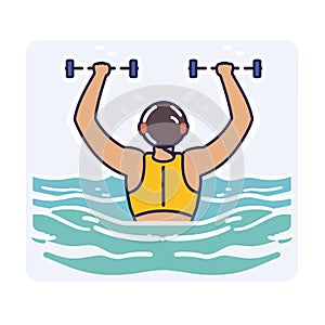 Man exercising water lifting dumbbells, fitness aquatic workout concept. Male athlete yellow tank