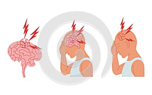 Vector illustration of a person experiencing headache and inflammation of the human brain