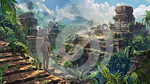 A Man Exploring Ancient Ruins in the Jungle photo