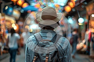 Man exploring bustling street market in the evening