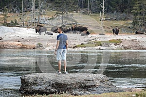 Man exploring lake while looking at Bisons in forest of Yellowstone park