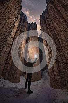 Man exploring Moon Caves in Nevada