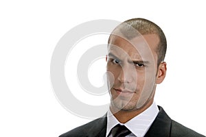 Man expressing suspicion with his eyes photo