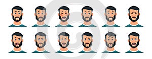 Man expressions. Cartoon character with happy surprised angry sad tired and other emotions. Vector facial expressions