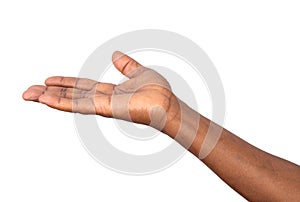 Man extending arm to show something on an open hand or ask for support and care