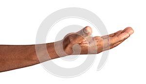 Man extending arm to show something on an open hand or ask for support and care