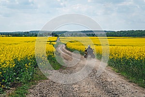 Man extreme sport riding touring enduro motorcycle on dirt. beautiful yellow field of flowers. World adventure rider. Tourist bike