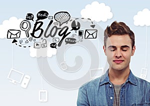 Man with eyes closed and Blog text with drawings graphics