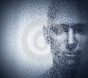 Man face blended with binary code digits. Concept of hacker, data protection etc.