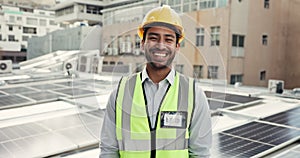 Man, face and construction worker, solar panels and maintenance, urban infrastructure on rooftop. Asian builder outdoor