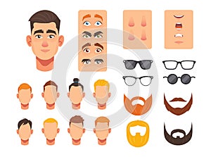 Man Face Constructor, Facial Elements for Construction Caucasian Male Character Avatar, Heads Hairstyle, Nose and Eyes