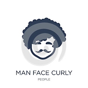Man face curly hair and moustache icon. Trendy flat vector Man f