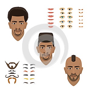 Man face emotions constructor parts eyes, nose, lips, beard, mustache avatar creator vector cartoon character creation