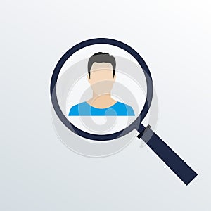 Man face flat icon with magnifying glass. Customer target and human resources concept. Vector illustration