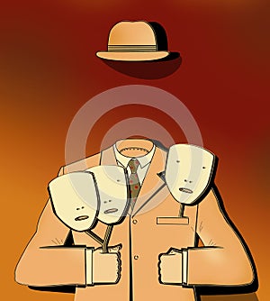 Man without a face holds 3 masks in his hands. Classic suit and bowler hat of a businessman. Surreal Image