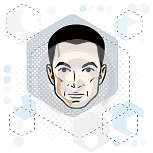 Man face, human head. Vector character, handsome brunet male wit