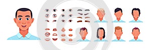 Man face kit. Male avatar constructor kit with hair, nose and lips. Facial shapes and hairstyle templates. Eyes with