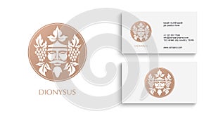 Man face logo with grape berries and leaves. Bacchus or Dionysus. Antique style for winemakers or wines. Vector illustration