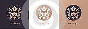 Man face logo with grape berries and leaves. Bacchus or Dionysus. Antique style for winemakers or wines. Vector illustration