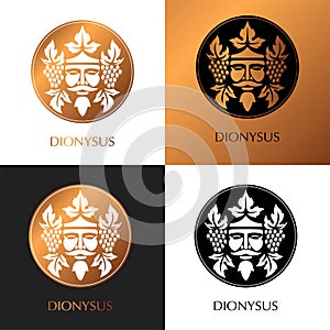 Man face logo with grape berries and leaves. Bacchus or Dionysus. Antique style for winemakers or wines. Vector illustration