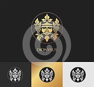 Man face logo with grape berries and leaves. Bacchus or Dionysus. Antique style for winemakers or wines. Vector illustration