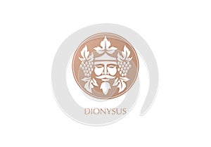 Man face logo with grape berries and leaves. Bacchus or Dionysus. Antique style for winemakers or wines. Vector illustration