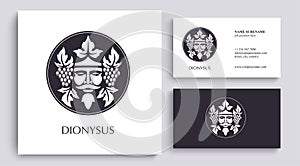 Man face logo with grape berries and leaves. Bacchus or Dionysus. Antique style for winemakers or wines. Vector illustration