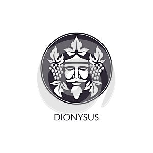 Man face logo with grape berries and leaves. Bacchus or Dionysus. Antique style for winemakers or wines. Vector illustration