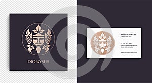 Man face logo with grape berries and leaves. Bacchus or Dionysus. Antique style for winemakers or wines. Vector illustration