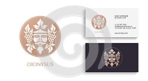 Man face logo with grape berries and leaves. Bacchus or Dionysus. Antique style for winemakers or wines. Vector illustration