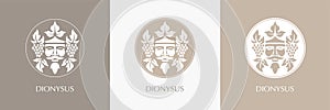 Man face logo with grape berries and leaves. Bacchus or Dionysus. Antique style for winemakers or wines. Vector illustration