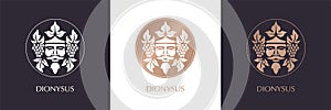 Man face logo with grape berries and leaves. Bacchus or Dionysus. Antique style for winemakers or wines. Vector illustration