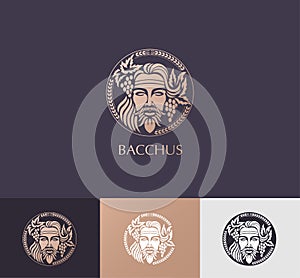 Man face logo with grape berries and leaves. Bacchus or Dionysus. A style for winemakers or brewers