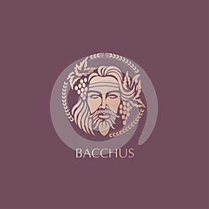 Man face logo with grape berries and leaves. Bacchus or Dionysus. A style for winemakers or brewers