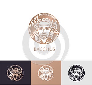 Man face logo with grape berries and leaves. Bacchus or Dionysus. A style for winemakers or brewers