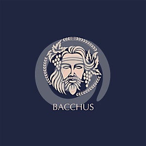 Man face logo with grape berries and leaves. Bacchus or Dionysus. A style for winemakers or brewers