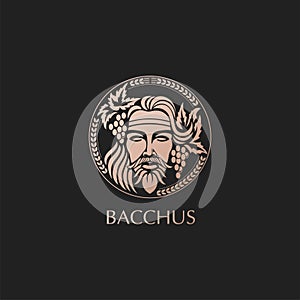 Man face logo with grape berries and leaves. Bacchus or Dionysus. A style for winemakers or brewers