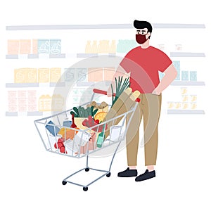 Man in a face mask does food resupply. Shopping in a grocery store during coronavirus pandemic. Hand drawn cartoon flat