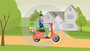 Man in face mask drive motorbike and deliver goods from shop vector cartoon illustration.