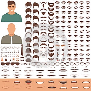 Man face parts, character head, eyes, mouth, lips, hair and eyebrow icon set