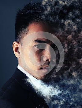 Man face with pixel dispersion effect