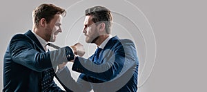 Man face portrait, banner with copy space. disagreed men colleague disputing and fighting aggressive and angry while